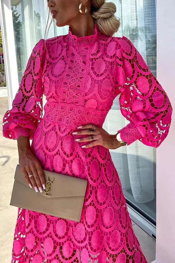 Guipure Lace Mock Neck Lantern Sleeve Scalloped Hem Hollow Out Midi Dress
