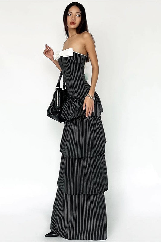 | Striped Ruffle Hem Strapless Maxi Dress