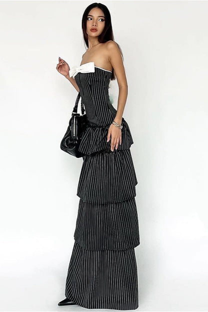 | Striped Ruffle Hem Strapless Maxi Dress