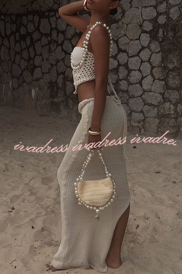 Mirina Hollow Crochet Knit Pearl Trim Heart Collar Crop Vacation Tank