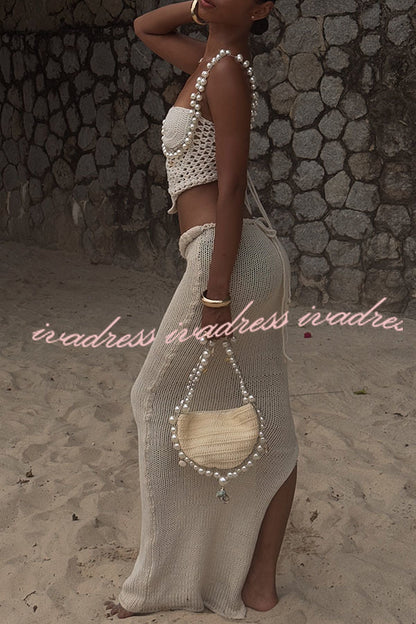 Mirina Hollow Crochet Knit Pearl Trim Heart Collar Crop Vacation Tank