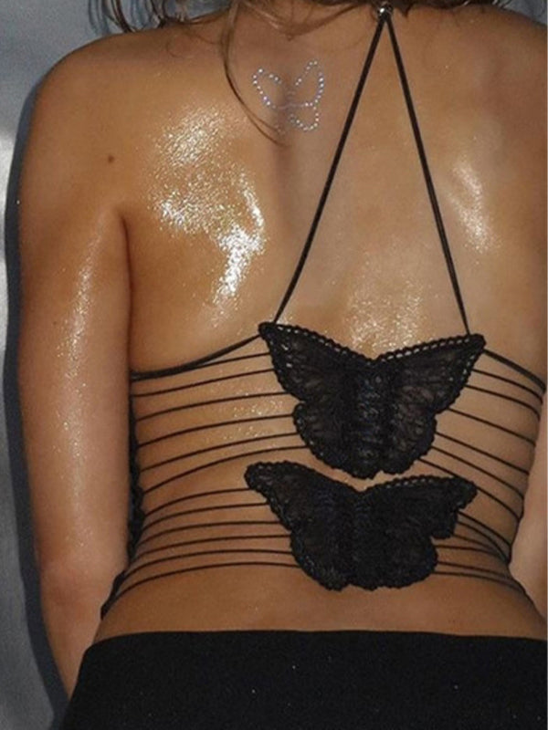 Mesh Butterfly Embroidery Backless Halter Vest