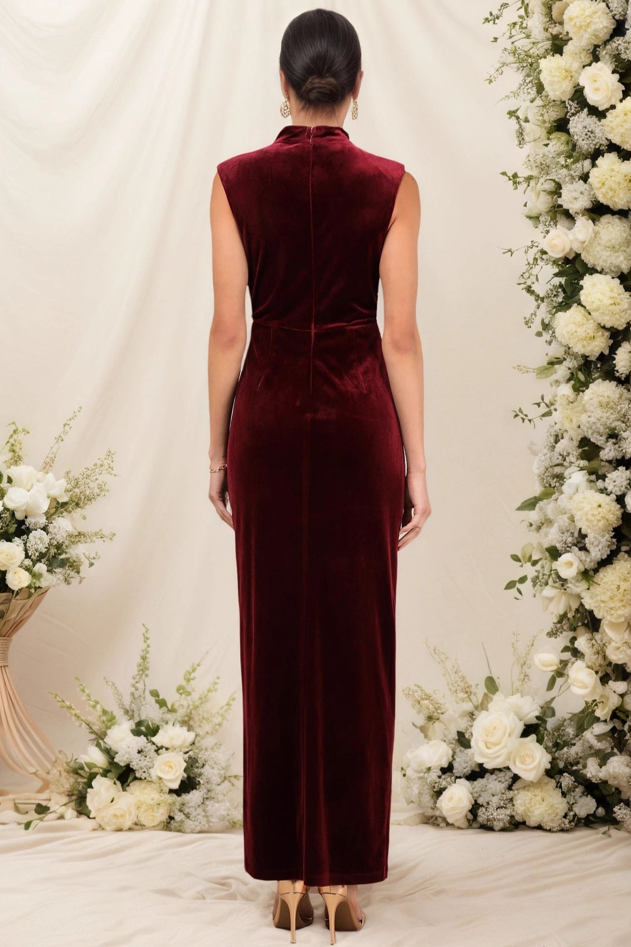Mock Neck Sleeveless Ruched Front Slit Velvet Maxi Dress