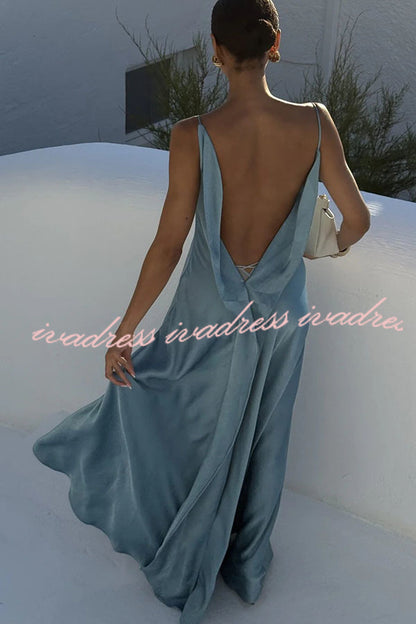 Flowing Elegance Satin Draped Neck Backless Ruffle Slit Maxi Dress