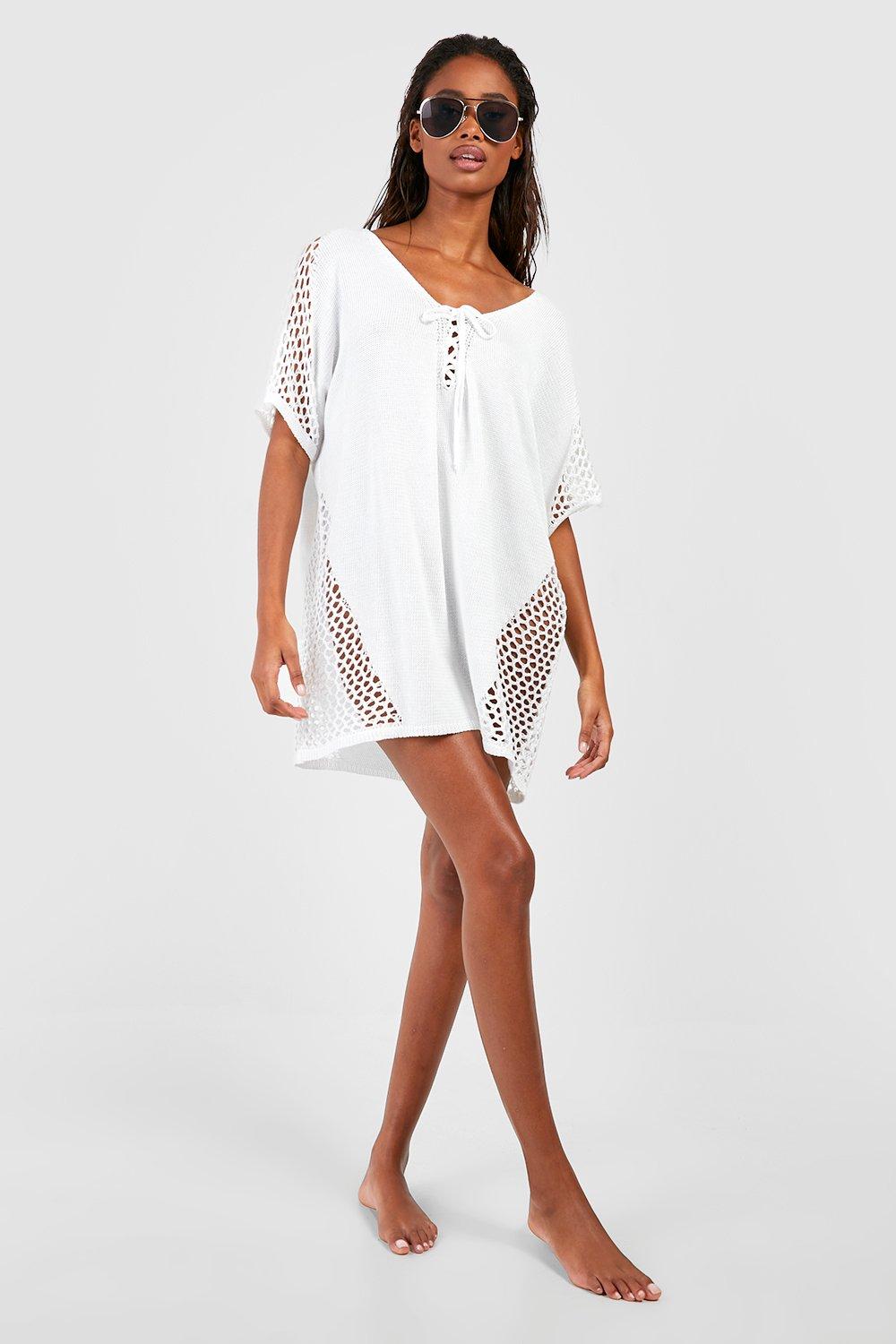Round Neck Crochet Mesh Panel Oversized Knit Cover-Up Mini Dress