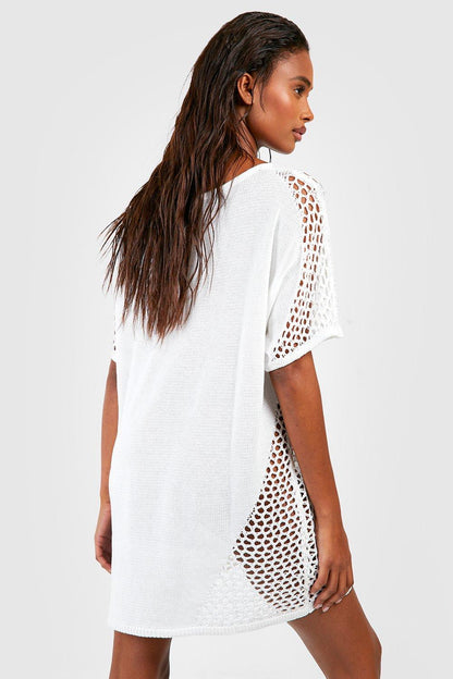Round Neck Crochet Mesh Panel Oversized Knit Cover-Up Mini Dress