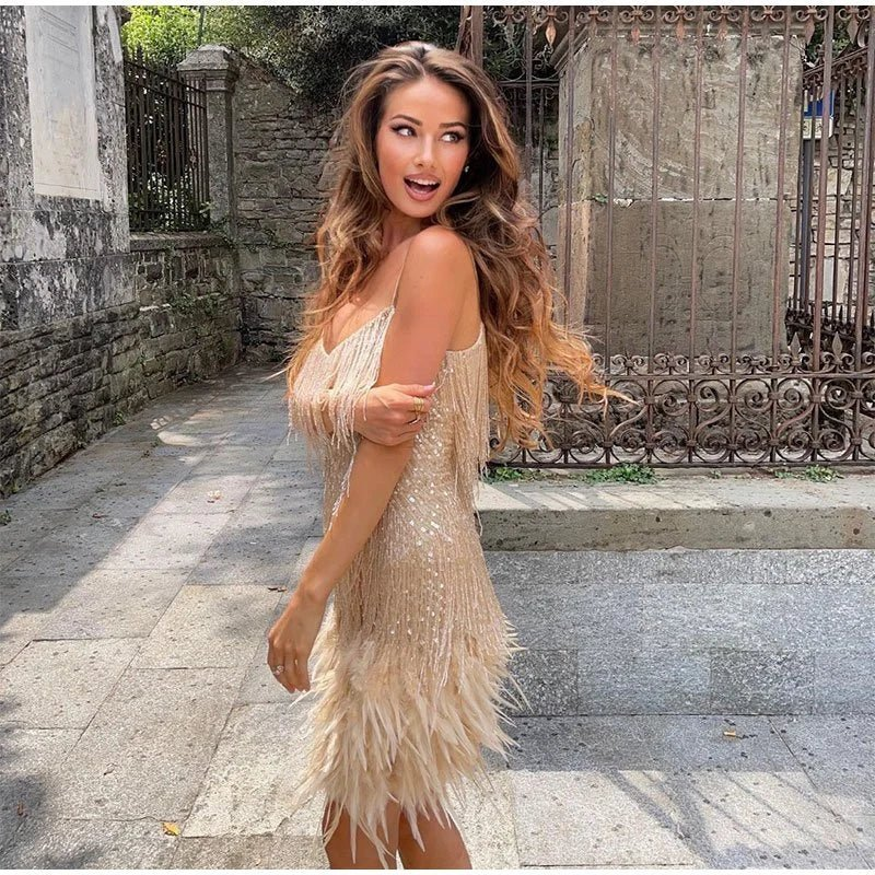 Fringe Feather Trim Spaghetti Strap V-Neck Mini Dress