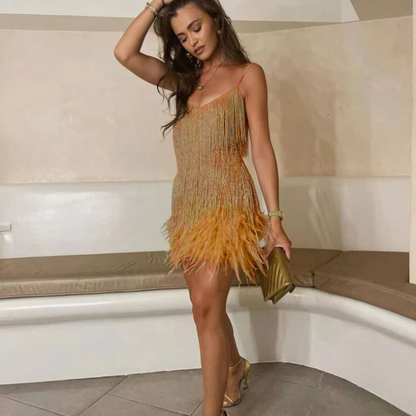 Fringe Feather Trim Deep V-Neck Spaghetti Strap Mini Dress