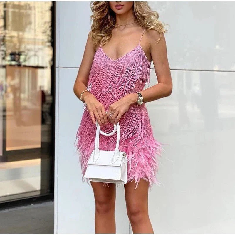 Fringe Feather Trim Spaghetti Strap V-Neck Mini Dress