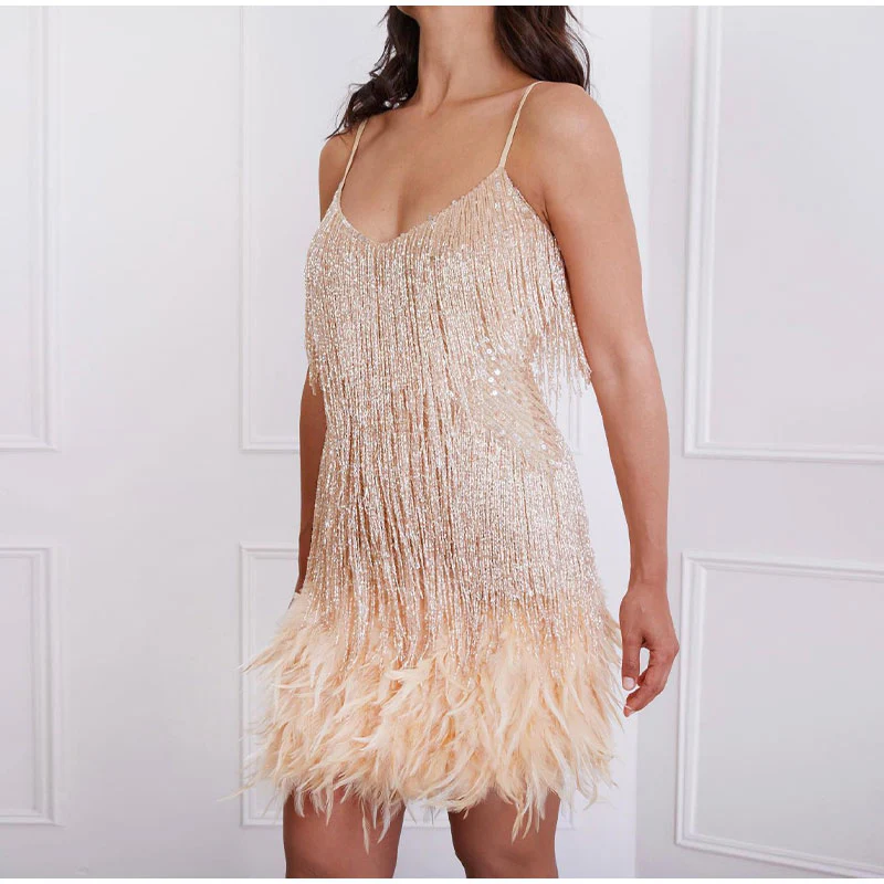 Tiered Fringe Feather Hem Spaghetti Strap Mini Dress
