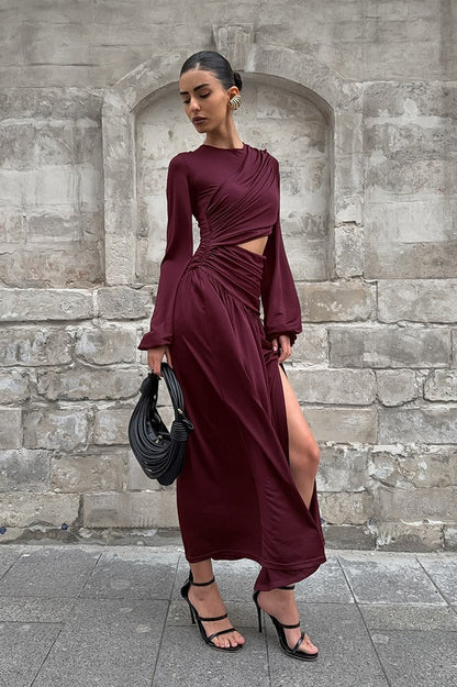 | Round Neck Long Sleeve Cutout Maxi Dress