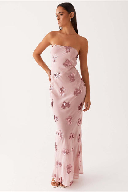 Strapless Sequin Floral Embellished Sheer Mesh Column Maxi Gown