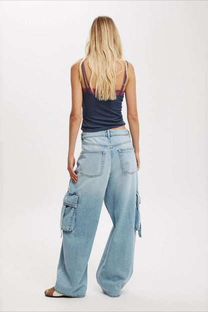 Vintage Washed Loose Wide Leg Cargo Jeans