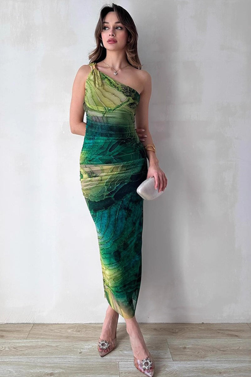 One Shoulder Ruched Abstract Marble Print Bodycon Maxi Dress