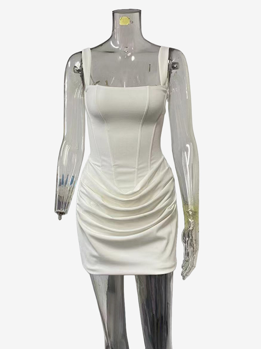Square Neck Lace Up Back Corset Ruched Mini Bodycon Dress For Women 2026