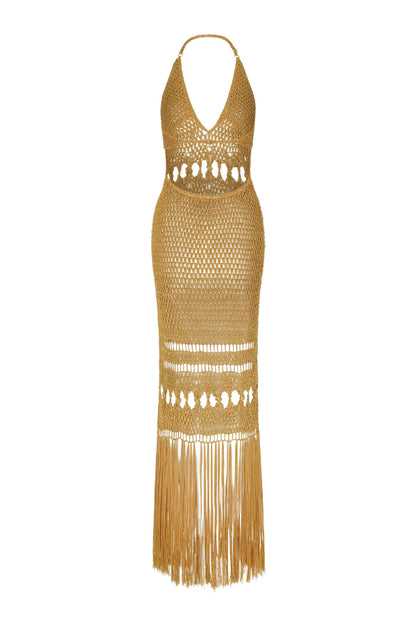 Fashionable Open-knit Backless Elegant Tassel Hem Vacation Cover-up Maxi Dress