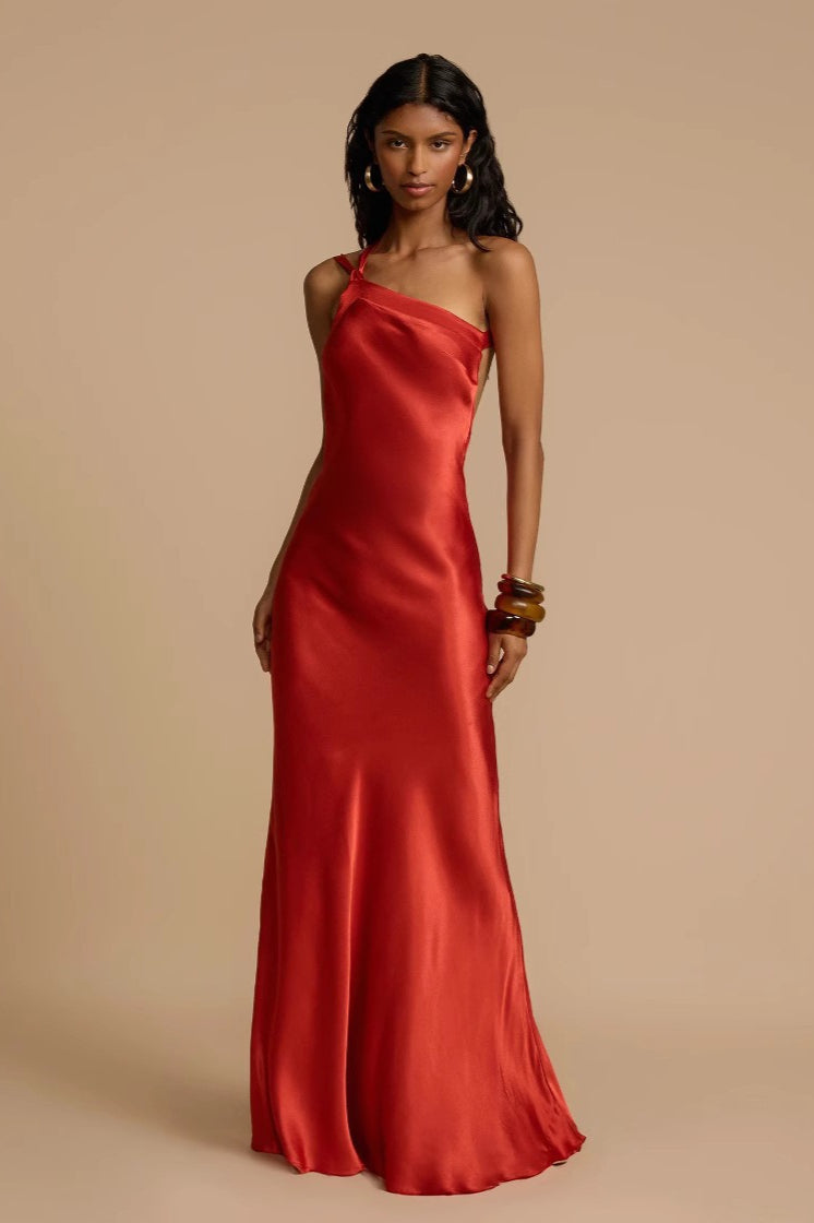 One-Shoulder Knotted Strap Side-Tie Satin Column Maxi Gown