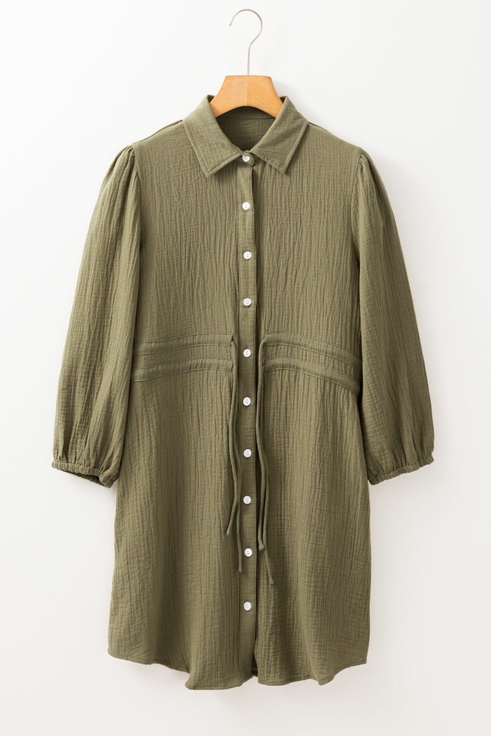 Crinkle Texture Collared Drawstring Waist Puff Sleeve Pocket Shirt Mini Dress