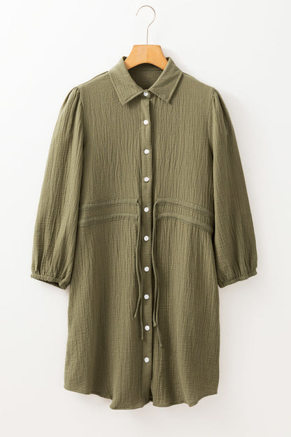 Crinkle Texture Collared Drawstring Waist Puff Sleeve Pocket Shirt Mini Dress