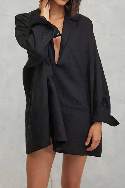 Oversized Deep V-Neck Patch Pocket Linen Shirt Mini Dress