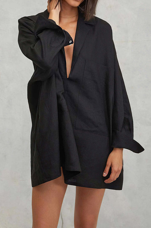 Oversized Deep V-Neck Patch Pocket Linen Shirt Mini Dress