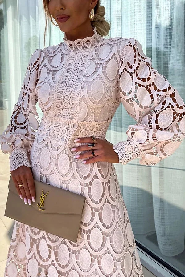 Guipure Lace Mock Neck Lantern Sleeve Scalloped Hem Hollow Out Midi Dress