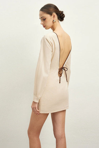 Round Neck Lace Up Front Cutout Bow Tie Long Sleeve Mini Dress