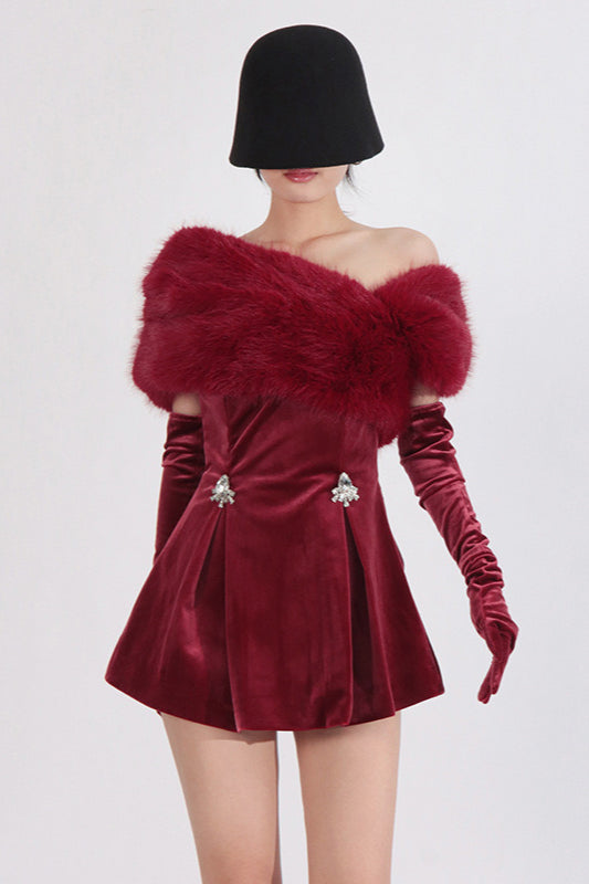 Velvet Strapless Crystal Brooch Peplum Faux Fur Wrap Mini Dress