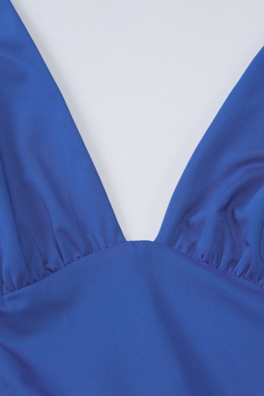 Ruched Halter Plunging V-Neck Ruched Waist Mermaid Maxi Gown