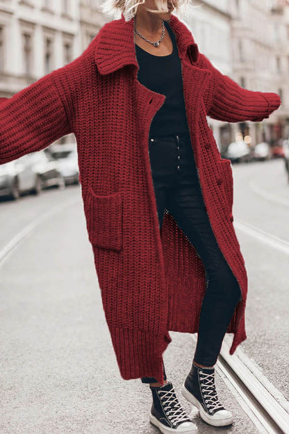 Chunky and Warm Knit Button Pocketed Oversized Midi Cardigan