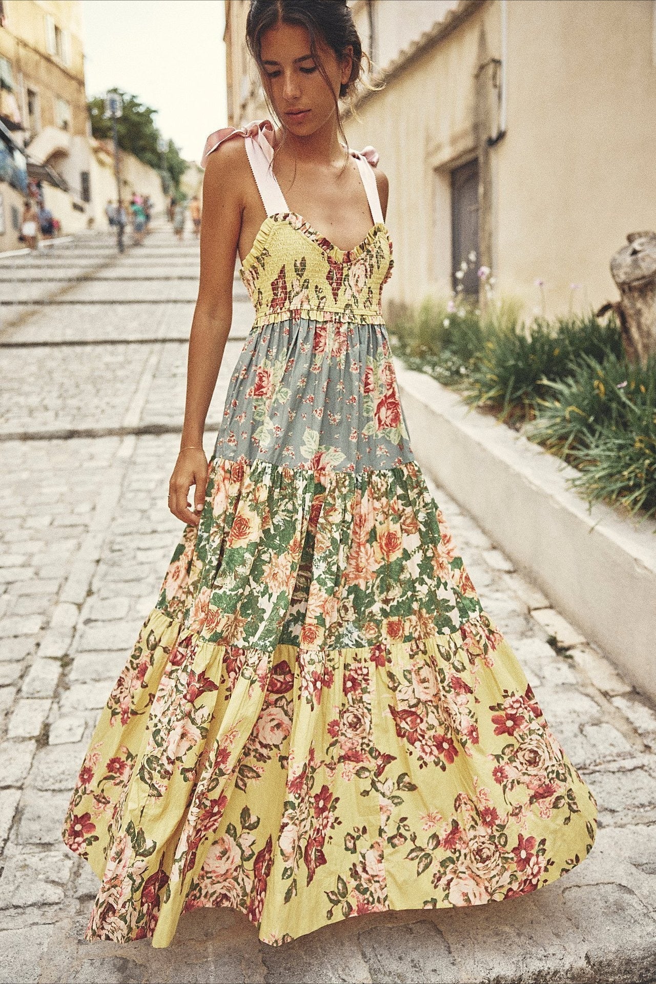 Smocked Tie Shoulder Bow Tiered Patchwork Floral Print Maxi Dress