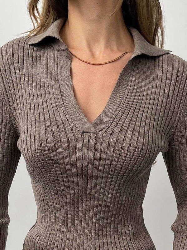 Solid Color Ribbed Polo Neck Sweater
