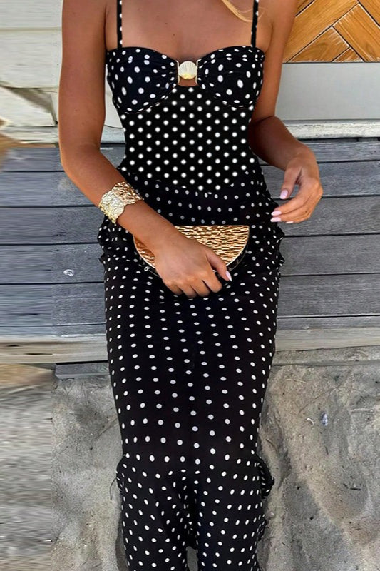 Polka Dot Sweetheart Neck Ring Hardware Spaghetti Strap Bodycon Maxi Dress