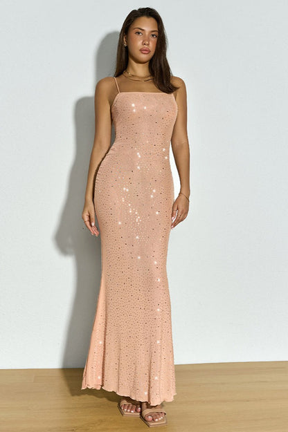 Rhinestone Mesh Spaghetti Strap Sequin Dress