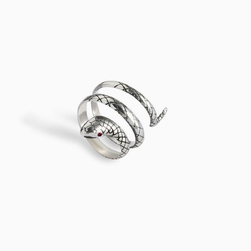 Rhinestone Snake Embossed Wrap Ring - Silver