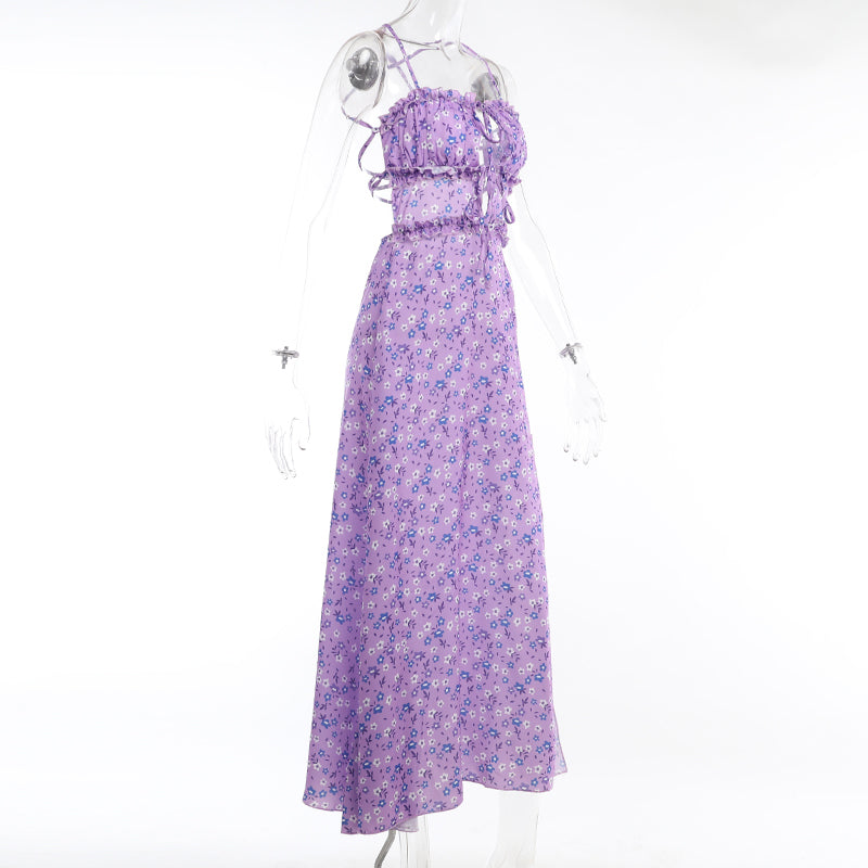 Purple Floral Ruched Satin Slip Maxi Dress