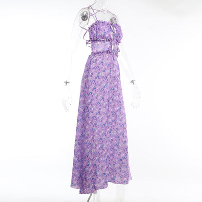 Purple Floral Ruched Satin Slip Maxi Dress