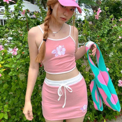 2PCS Pink Hibiscus Flower Camisole + Mini Skirt