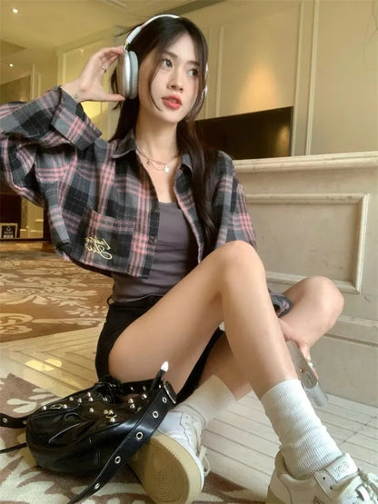 Pink & Black Plaid Cropped Long Sleeve Shirt