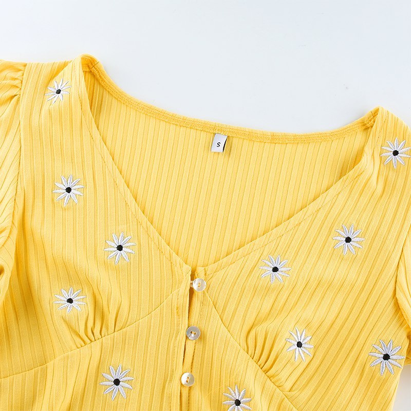 Cute Yellow Flower Embroidery Button V Neck Short Sleeve Shirt Crop Top Cardigan Summer Aesthetic E-Girl Kawaii Korean Japanese Harajuku Streetwear