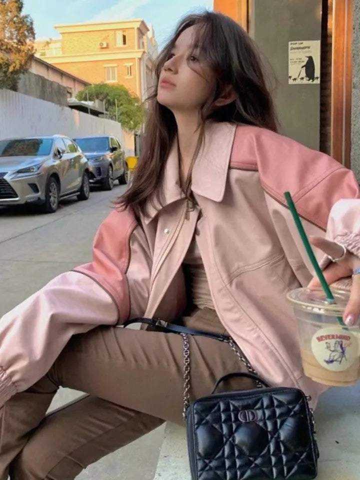 Pink Faux PU Leather Zup Up Cropped Jacket