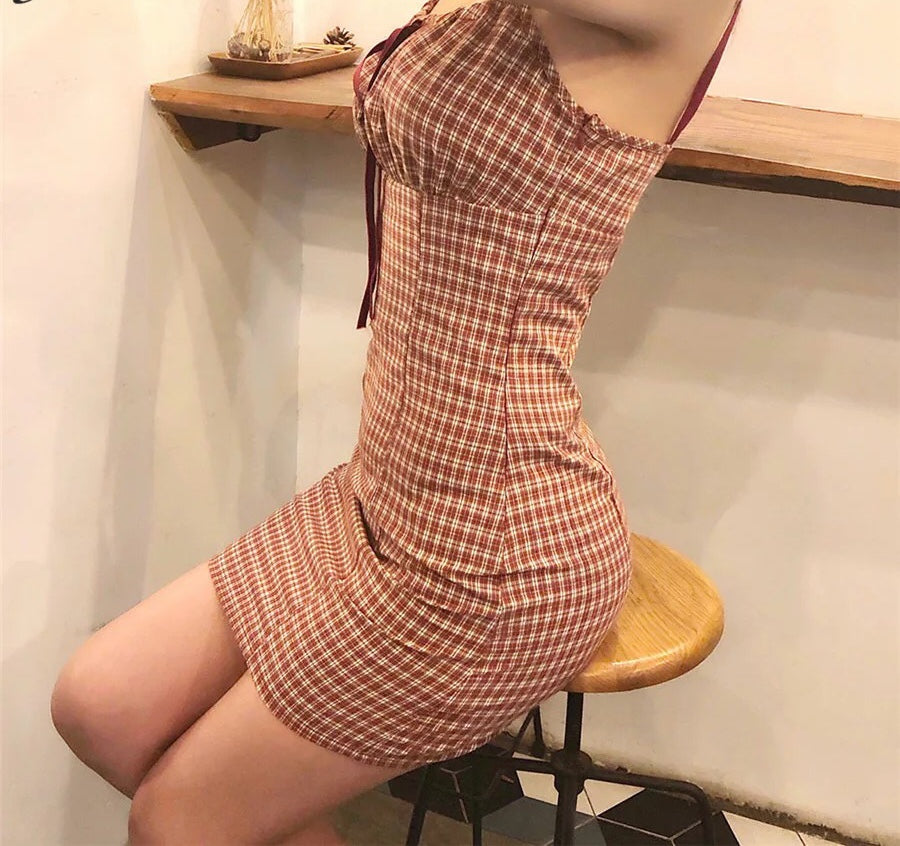 Cute Plaid Checkered A-line Spaghetti Strap Bow Summer Short Dress Kawaii Korean Japanese Harajuku Chinese Retro Streetwear Aesthetic Fashion