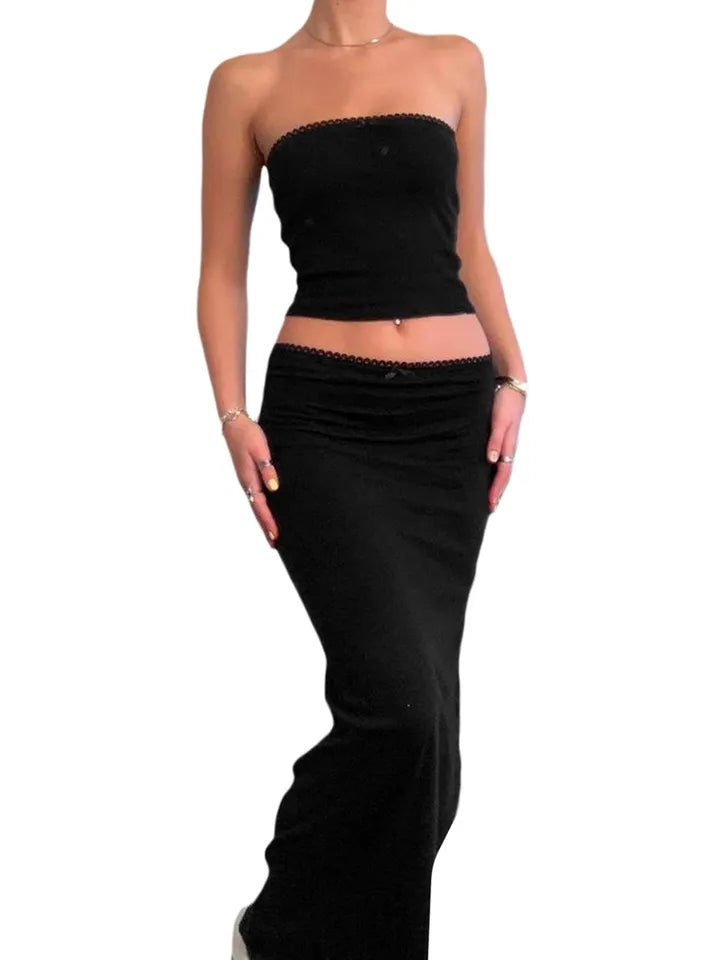 2PCS Black Tube Top + Maxi Skirt Set