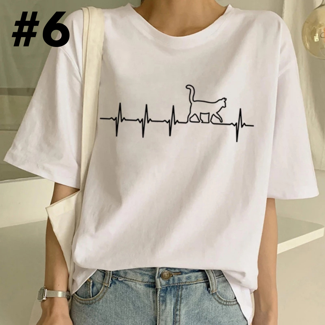 Cute Cat Starry Night Powerline Print Short Sleeve T-shirt Vintage Aesthetic Casual E-Girl Kawaii Korean Japanese Harajuku