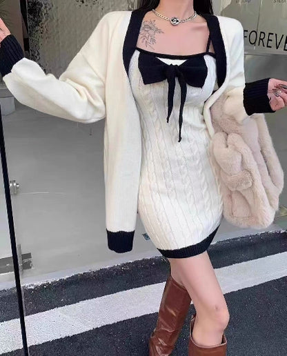 2 Piece White Knit Bow Dress + Sweater