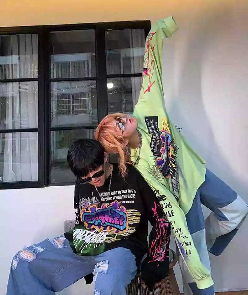 Cute Graffiti Art Graphic Print Punk Baggy Hip Hop Oversized Long Sleeve Tee Shirt T-shirt Top E-Girl Kawaii Korean Japanese Harajuku Streetwear