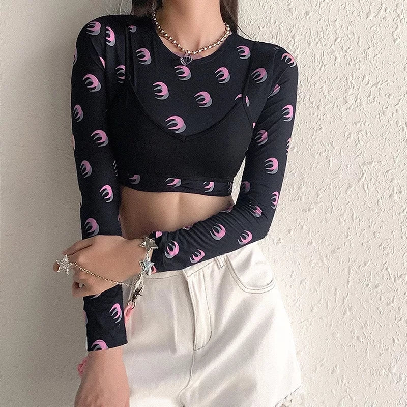 Cute Sexy 2pcs Moon Print Long Sleeve T-shirt Crop Top With Bra Camisole Summer Aesthetic Casual E-Girl Kawaii Korean Japanese Harajuku