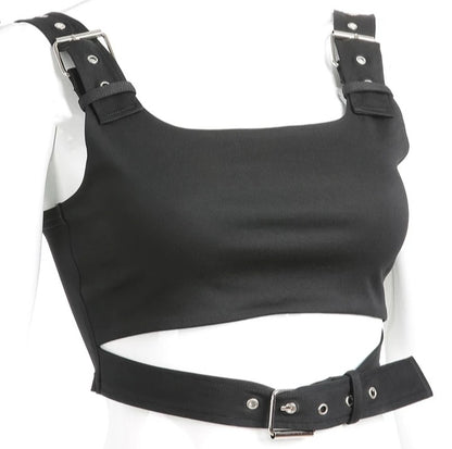 Cute Black Buckle Belt Tank Crop Top Sleeveless Shirt Camisole Bustier Corset Punk Goth Summer Aesthetic E-Girl Kawaii Korean Japanese Harajuku