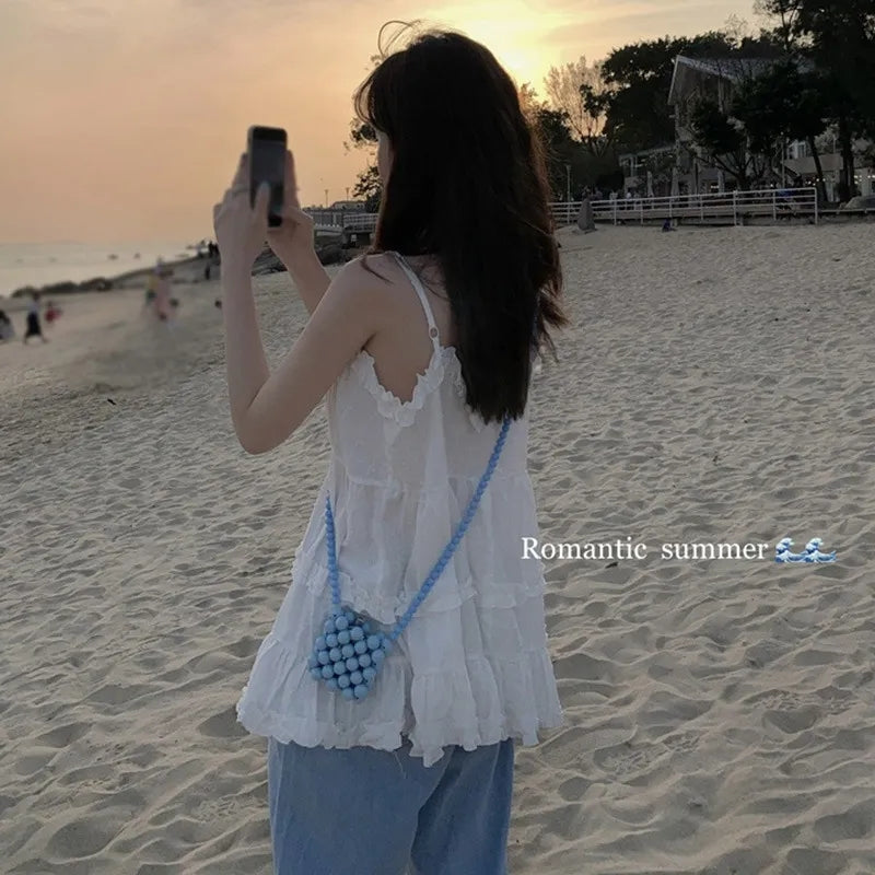 White Ruffle Spaghetti Strap Tank Top
