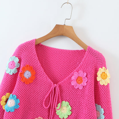 Pink Flower Crochet Top + Flare Sleeve Sweater